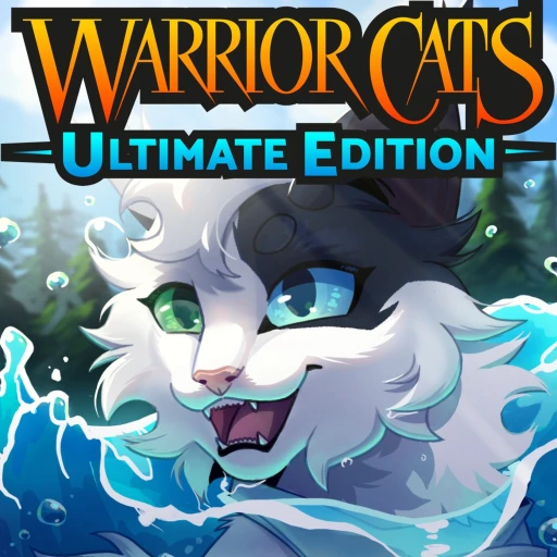 ไอคอนเกม Warrior Cats: Ultimate Edition ของ Warrior Cats: Ultimate Edition แสดงแมวภาพวาดสีเทาขาวกับโลโก้ Warrior Cats Ultimate Edition
