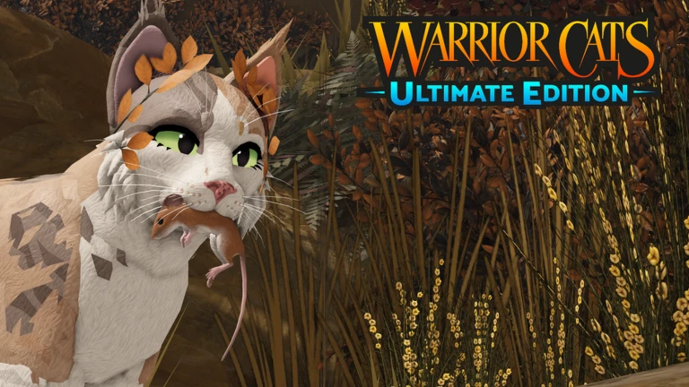 ภาพโปรโมต Media 98786638079977 ของ Warrior Cats: Ultimate Edition แสดงแมวสีอ่อนคาบเหยื่ออยู่ในพงหญ้า