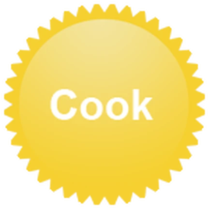 ไอคอน Badge Cook ของ Work at a Pizza Place แสดงเหรียญสีเหลืองมีคำว่า Cook