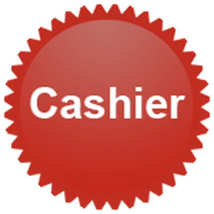 ไอคอน Badge Cashier ของ Work at a Pizza Place แสดงเหรียญสีแดงมีคำว่า Cashier