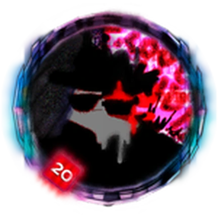 ไอคอน Badge Recipe Retribution ของ Work at a Pizza Place แสดงตรากะโหลกสีดำแดงในกรอบสีม่วง