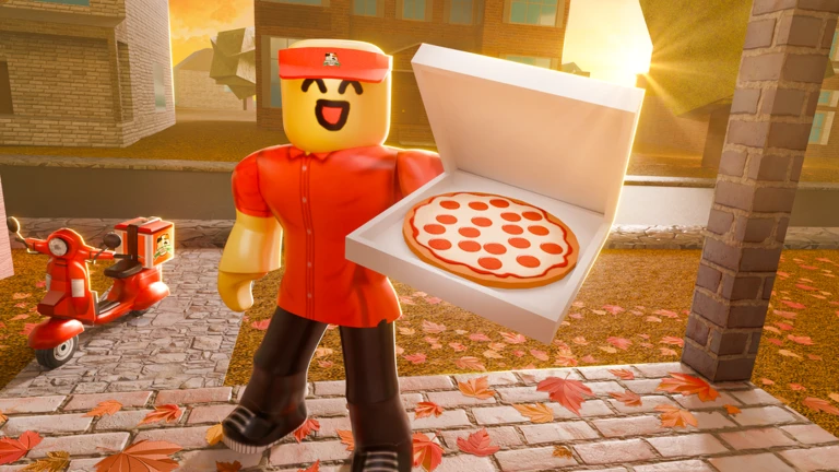 ภาพ Media Media 123234932420993 ของ Work at a Pizza Place แสดงพนักงานถือพิซซ่าหน้าบ้านกลางแสงอุ่น