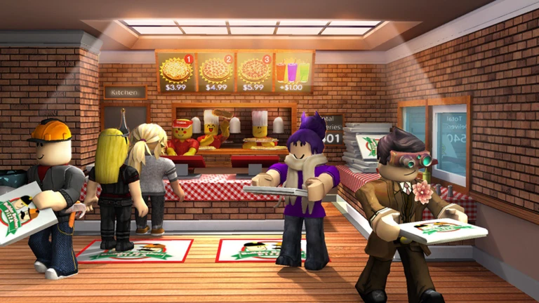 ภาพ Media Media 4411678874 ของ Work at a Pizza Place แสดงลูกค้าและพนักงานยืนที่เคาน์เตอร์ร้านพิซซ่า
