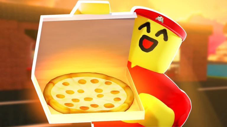 ภาพ Media Media 6663145305 ของ Work at a Pizza Place แสดงตัวละครชุดแดงถือกล่องพิซซ่าใกล้ใบหน้ายิ้ม