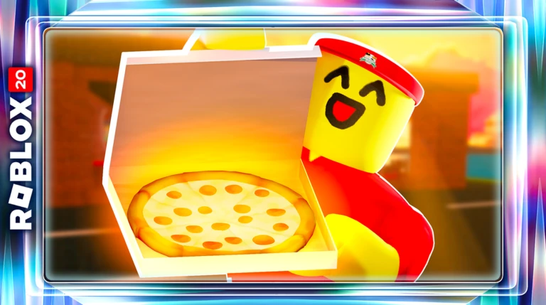 ภาพ Media Media 74020508668837 ของ Work at a Pizza Place แสดงตัวละครถือกล่องพิซซ่าในกรอบสีฟ้าแดง