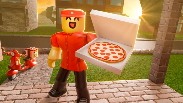 ภาพ Media Media 75928557511640 ของ Work at a Pizza Place แสดงพนักงานถือพิซซ่าหน้าบ้านอีกมุมหนึ่ง