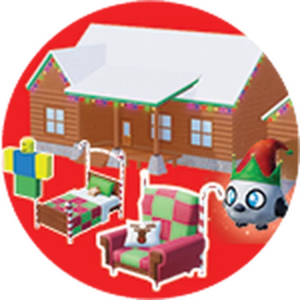 ไอคอน Pass Christmas Cabin ของ Work at a Pizza Place แสดงกระท่อมหิมะ ต้นคริสต์มาส และกล่องของขวัญ