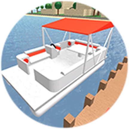 ไอคอน Pass Pontoon Boat ของ Work at a Pizza Place แสดงเรือโป๊ะสีขาวหลังคาแดงลอยในน้ำ