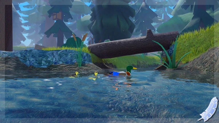 ภาพทางการ Feather Family จากผู้สร้าง/Roblox: ลูกเป็ดตามตัวเต็มวัยใกล้บ่อน้ำ