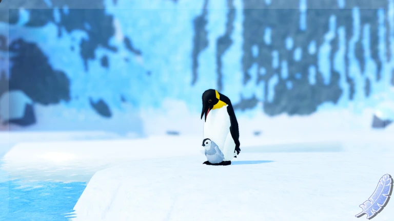 ภาพทางการ Feather Family จากผู้สร้าง/Roblox: เพนกวินกับลูกนกในฉากน้ำแข็ง